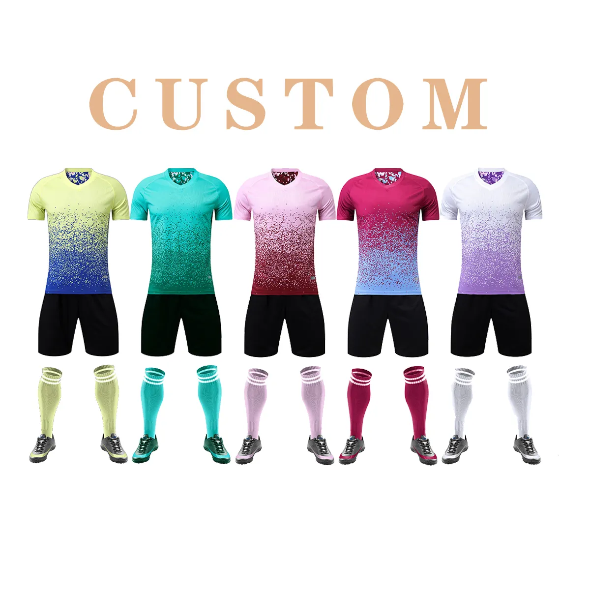 Atacado camisa de futebol com manga curta gradiente, uniforme infantil personalizado de equipe de futebol