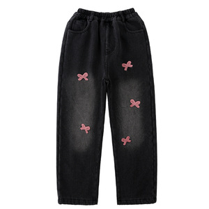 <span class=keywords><strong>Pantaloni</strong></span> Casual da ragazza con fiocco ricamati in Denim nuovo Design nero a gamba larga per gli studenti delle scuole medie per la primavera autunno - Product Image 5