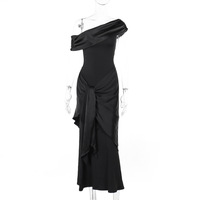 Robe longue noire moulante en maille à une épaule avec ruban pour femme, robe de soirée en maille tricotée