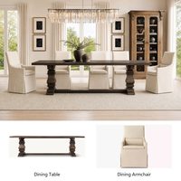 Ensemble de table à manger rectangulaire extensible en bois artisanal de luxe avec chaise à accoudoirs inclinés pour les propriétaires