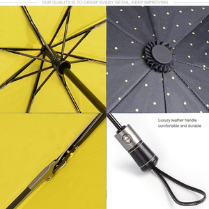 High Quality <b>Plastic</b> Handle Dot Full Print Yellow Umbrella Modern Design 3 Fold Double Layers Metal <b>Frame</b> Fully-Automatic 190T - Product Image 4