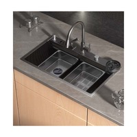 Évier de cuisine moderne fait main en acier inoxydable à cuve unique, à poser sur comptoir, à deux trous, pour usage hôtelier, noir, avec fonction cascade intelligente et compatible lave-vaisselle