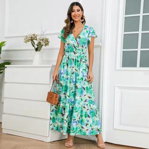 Robe longue florale ample et tendance pour femme, style européen et américain, col en V, à volants, pour l'été - Product Image 3