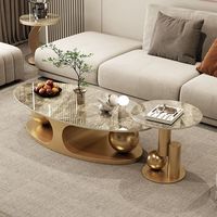 Mesa de Centro Ovalada de Piedra Brillante Estilo Minimalista Italiano, Mesa de Salón de Lujo Ligero con Estructura Metálica Móvil y Base de Doble Bola