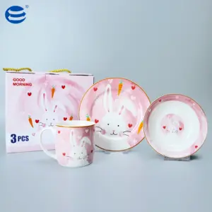 创意粉色兔子儿童礼品3pcs卡通兔子套装带碗马克杯盘子陶瓷餐具套装