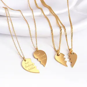 Collar de 2 piezas de acero de titanio chapado en oro de 18 quilates, colgante de texto grabado con letras en forma de corazón, joyería de moda