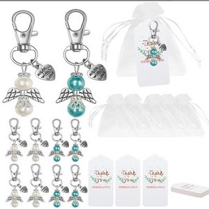 Branded Angel Keychain Favor Sets Bulk Pearl Angel Charms Organza Bags Custom Thank You Tags Celebration of Life Memorial Gift - Product Image 3