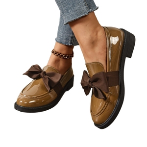 Fashionable Women's Slip on Footwear 2025 - Light Olive Patent Leather Bow Decor Block <b>Heel</b> Loafers for Daily Wear - Product Image 5