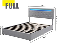 Tête de lit capitonnée à boutons, taille Queen, design moderne de luxe, mobilier de chambre, lit en tissu gris, cadre en bois avec éclairage LED et rangement