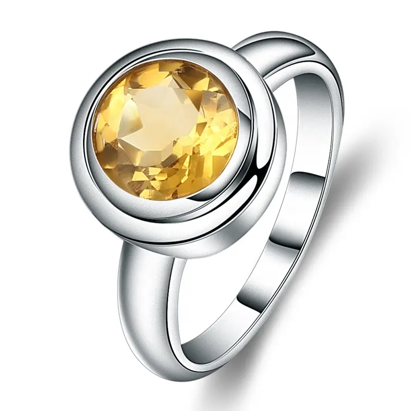 Abiding Round Silver Birthstone Ring Natural Citrine Stone 925 Sterling Ring Engagement Gemstone Simple Jewelry Women