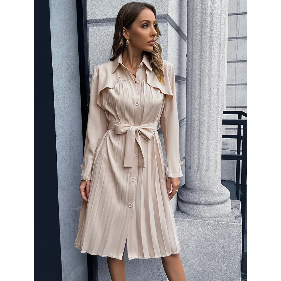Mandy's new casual trench coat slim pleated dresses women's fashion elegant long-sleeved shirt dress American niche design