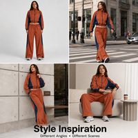 Ensemble coupe-vent en gros avec pantalon large contrastant orange et bleu marine à fermeture éclair, faible MOQ, ensemble coupe-vent court
