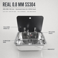 Évier pliable compact en acier inoxydable chromé à montage sous plan avec couvercle et robinet chaud/froid pour cuisine de camping-car/yacht/voiture