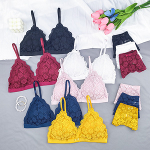 Ensemble de soutien-gorge en dentelle florale multicolore en gros, sans armatures, bonnet triangle, lingerie pour femmes, motif marguerite, sous-vêtements et culottes - Product Image 1