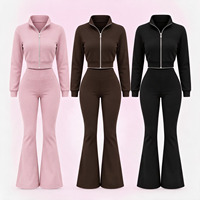 Ensemble deux pièces pour femme : veste courte zippée et pantalon évasé en tissu éponge – Style sportif décontracté – Fournisseur en gros pour commandes en vrac