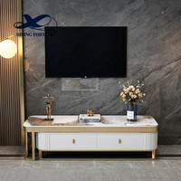 Table de canapé de salon moderne de luxe et support de télévision cadre en acier inoxydable doré avec comptoir en pierre artificielle frittée