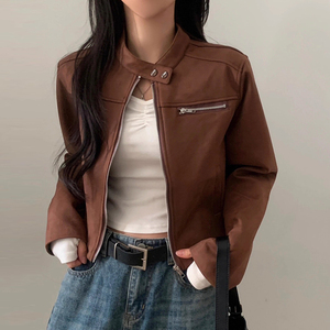 Nuevas llegadas de otoño, nueva moda retro, abrigos de cuero para <span class=keywords><strong>mujer</strong></span> con cuello alto, manga <span class=keywords><strong>larga</strong></span> y <span class=keywords><strong>cremallera</strong></span>. - Product Image 2