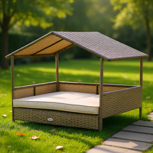 Casa para Perros de Mimbre con Cojín Extraíble, para Razas Grandes, Mueble para Mascotas de Interior y Exterior, Estilo Rectangular Clásico, para Todas las Estaciones - Product Image 2