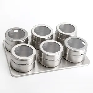 6 Piece Set Magnetic Stainless Steel Spice Tins Kitchen Storage Case