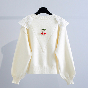 HANO Autumn Korean Style Sweet Ruffled Collar <strong>Cardigan</strong> Loose Fashion Knitted <strong>Sweater</strong> 3D Cherry Button Soft <strong>Cardigan</strong> <strong>Sweater</strong> - Product Image 2