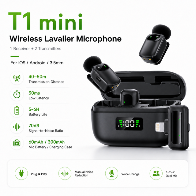 Wireless Lavalier Microphone Dual Mic System with Noise Reduction Low Latency for Smartphone Live Streaming Video Recording