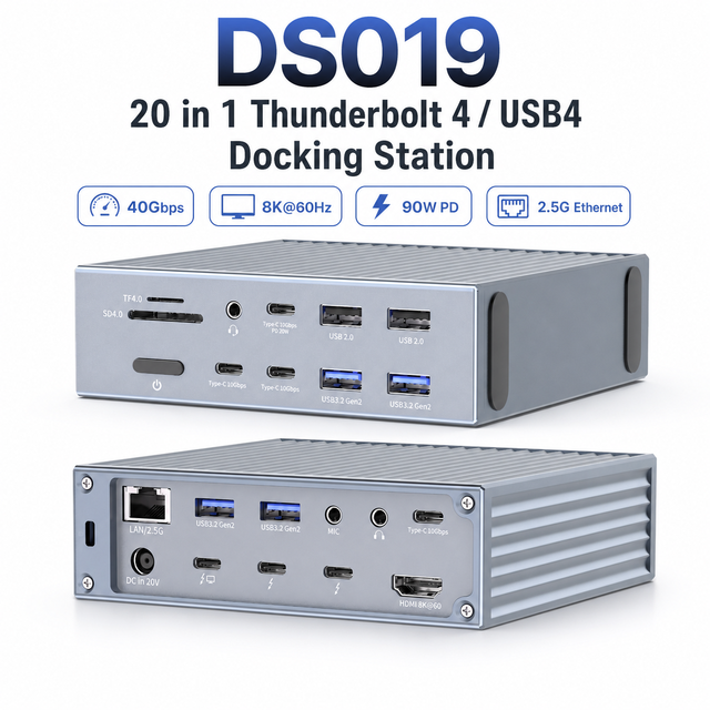 20 in 1 Thunderbolt 4 Docking Station USB4 40Gbps 8K HDMI 2.5G Ethernet PD90W Dual TB4 Hub DS019