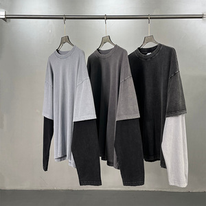 Top Streetwear a maniche lunghe Vintage lavato a maniche lunghe a blocchi colorati per t-shirt in stile retrò da <span class=keywords><strong>uomo</strong></span> - Product Image 2