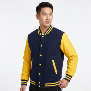 Blouson universitaire homme bleu marine et jaune, style urbain, coupe classique, fermeture boutonnée recouverte, doublure polaire, vêtement d'hiver, antibactérien - Product Image 3