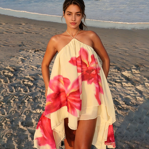 Robe d'été asymétrique mini à imprimé floral et blocs de couleur, style licou, coupe trapèze, sexy et tendance pour femme - Product Image 2