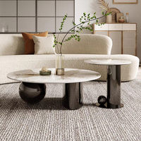 Ensemble Table Basse Moderne de Luxe, Table Basse Ronde en Pierre Frittée Dorée, Piétement en Acier Inoxydable pour Salon Maison