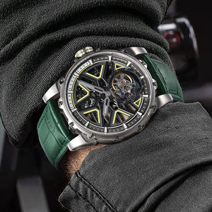 Montre sport automatique mécanique tourbillon PINDU pour homme, boîtier squelette en acier inoxydable, bracelet en cuir, cadran squeletté - Product Image 5