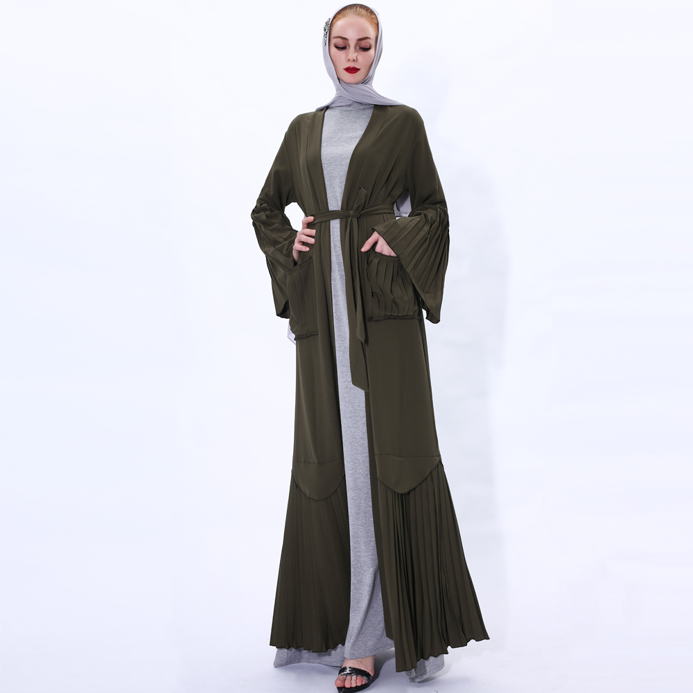 Muslim Women Abaya Dress Long Sleeve Robe Cardigan with belt Design Trumpet pleated Sleeve Lady Long Sleeve Maxi Dress 91225