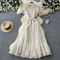 Robe longue décontractée pour femme, élégante, en dentelle brodée, avec ceinture à la taille, coupe trapèze, sans manches, pour le quotidien, les fêtes et les rendez-vous