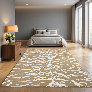 Tapis rectangulaire moderne en laine à imprimé animalier, beige et blanc, à poils plats, antidérapant, pour salon, avec envers en caoutchouc touffeté - Product Image 6