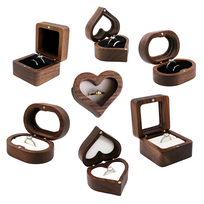 Kotak cincin kayu perhiasan pernikahan pertunangan kemasan hadiah kecil kenari mewah Logo ukir kustom