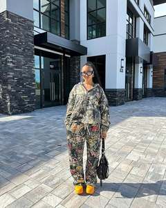 Set pakaian olahraga bordir kustom dua potong Camoflouge Set Sweatsuit <span class=keywords><strong>Camo</strong></span> Zip up Boxy jaket Hoodie dan Sweatpants Set untuk pria wanita - Product Image 6