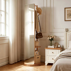 360 °   Miroir sur pied rotatif pleine longueur avec <span class=keywords><strong>porte</strong></span>-vêtements, miroir corporel autoportant en bois massif, miroir de dressing avec <span class=keywords><strong>porte</strong></span>-<span class=keywords><strong>manteau</strong></span> - Product Image 2