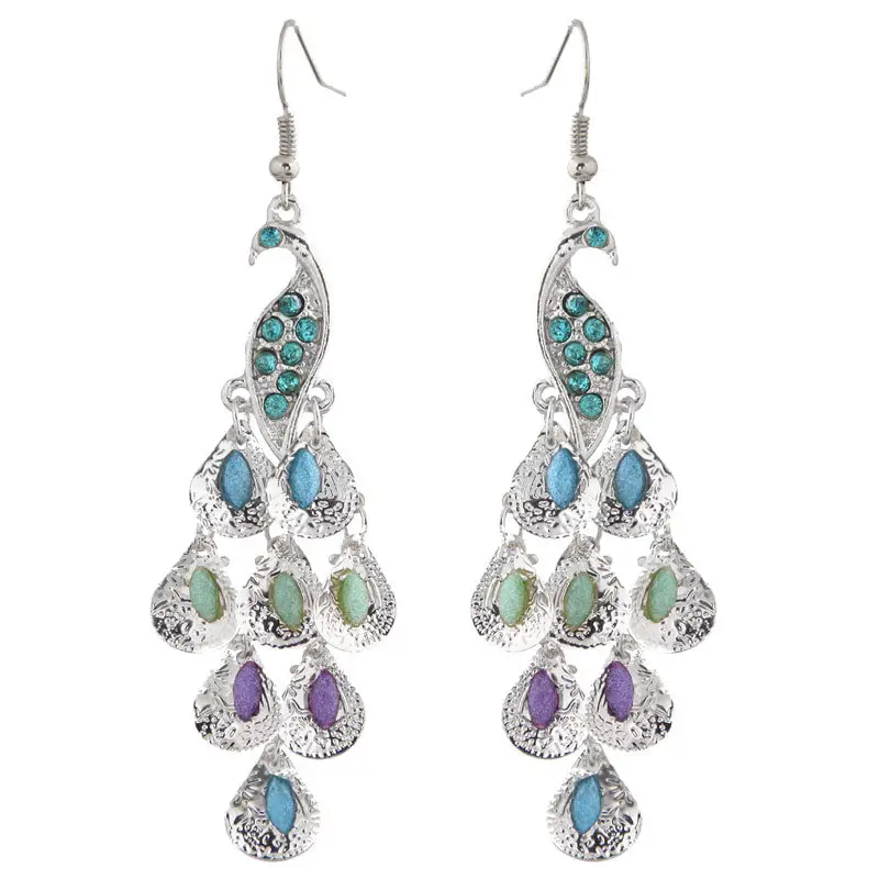 JC Crystal fashion sparkling natural diamond tassel peacock stud earrings 18k for women large rhinestone earrings