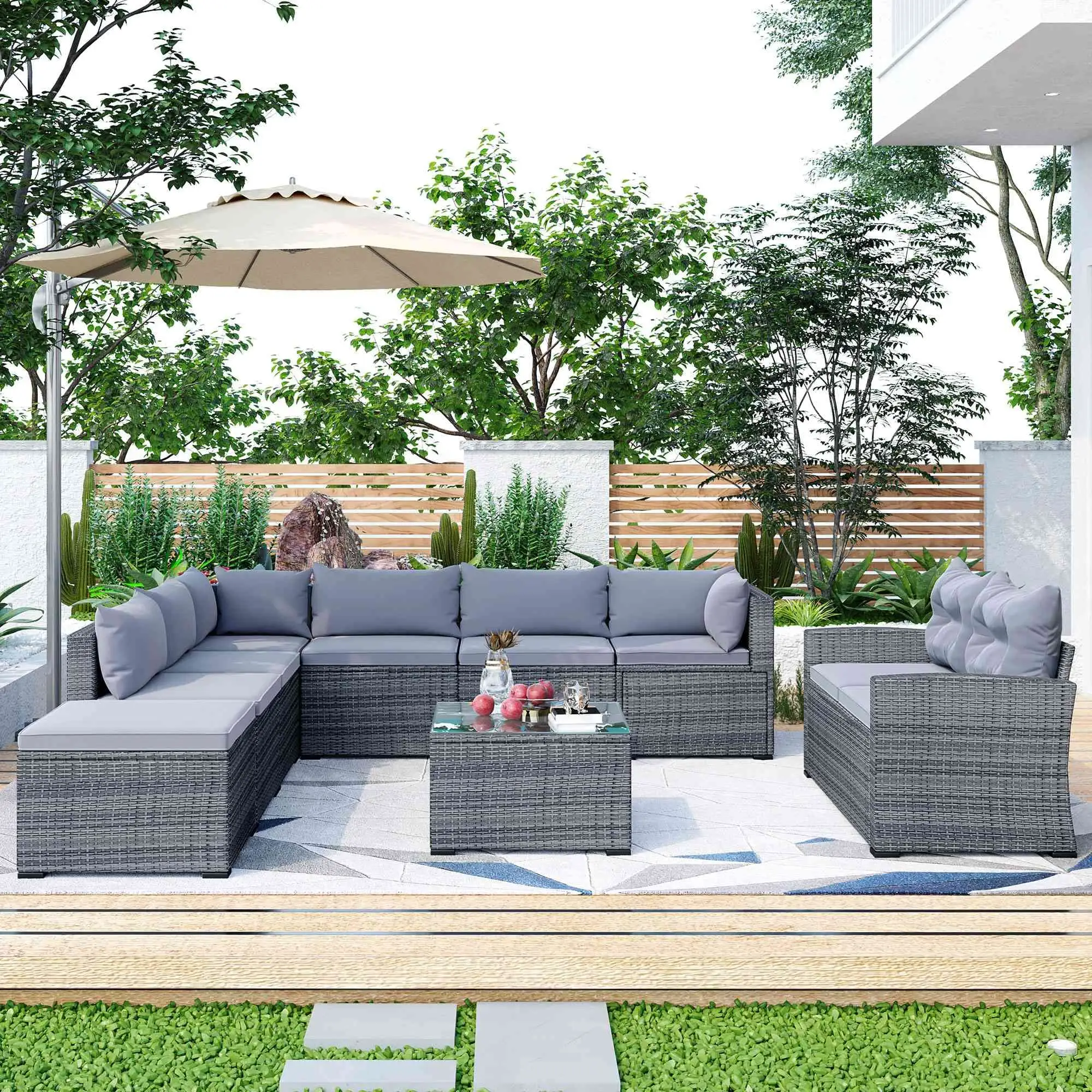 Outdoor Rattan Furniture Garden Conversation Sofa Patio Wicker U-shape Lounge Sets With Cushions Modern Courtyard Corner Sofa