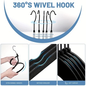 Perchas de Terciopelo Negras Antideslizantes, Perchas Resistentes para Abrigos, Gancho Giratorio de 360 Grados, Barra para Corbatas, Almacenamiento para Armario - Product Image 6