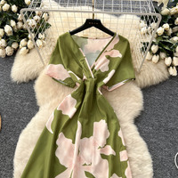 Robes longues d'été vintage à imprimé floral pour femmes, col en V croisé, manches courtes, taille torsadée, fente élégante