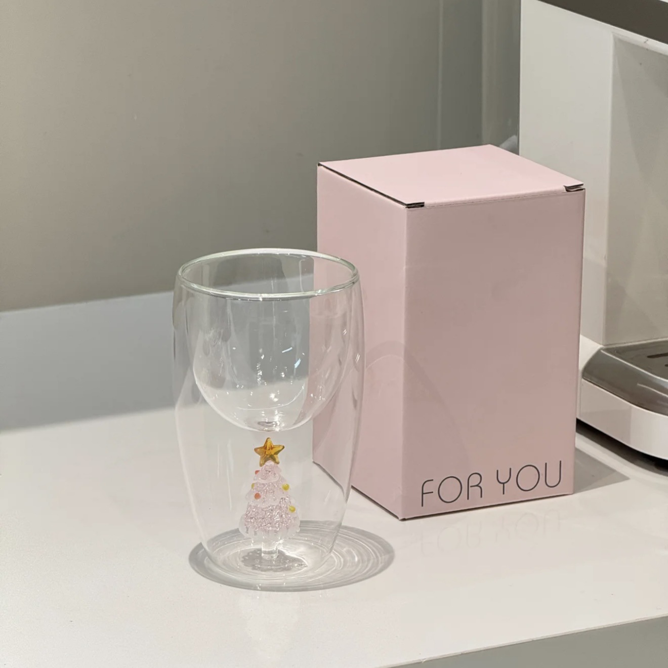 Tasse à double paroi en forme d'arbre de Noël rose Sakura transparent