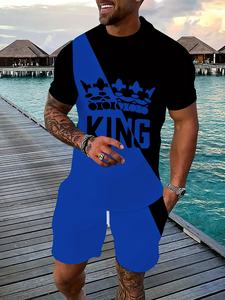 Ensemble décontracté deux pièces à manches courtes respirant pour homme, <span class=keywords><strong>tenue</strong></span> d'été, imprimé numérique, épissure bicolore, motif 'King', col en V, satin - Product Image 6