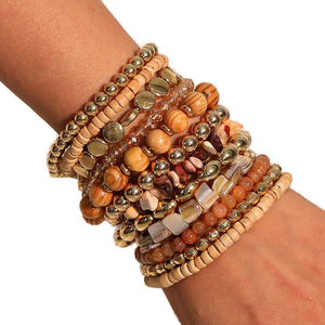 <b>Fashion</b> Hot Selling Gold Plated Boho Beads Unisex 12 Pieces Set Party <b>Bracelet</b> Set Handmade <b>String</b> Wood Woven - Product Image 1