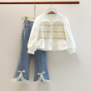 Ensemble de style princesse d'automne pour filles, chemise patchwork élégante pour petite fille et jean à dentelle, ensemble deux pièces, vêtements pour filles - Product Image 1