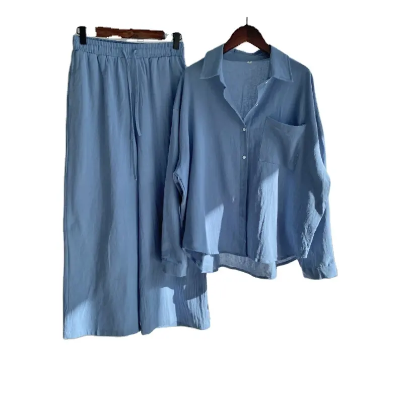 Women's 2-piece Retro Oversize Cotton and Linen Shirt Plus High Waist Slacks Suit Women's Sweatshirt Set Sweatshirt