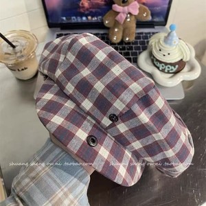 Japanese Retro Plaid Beret For Women Spring Summer Cotton Flannel Sun Protection <b>Hat</b> Stylish Commute Artistic Painter Cap - Product Image 3