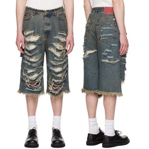 Pantalones Cortos de Mezclilla para Hombre, Estilo Urbano, Holgados, 100% Algodón, con Bordes Deshilachados, Desgastados y Rotos - Product Image 1