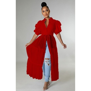 Camisa de chifón para mujer de talla grande con cuello solapa y empalmes, de ajuste holgado, manga corta, color liso, larga, informal, para verano y uso diario - Product Image 6