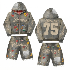 DiZNEW <strong>Men</strong> Streetwear Set Graphic Zip up Hoodie and <strong>Shorts</strong> 2 Piece Set Washed Denim Multi <strong>Patch</strong> Vintage Tracksuit OEM Wholesale - Product Image 2